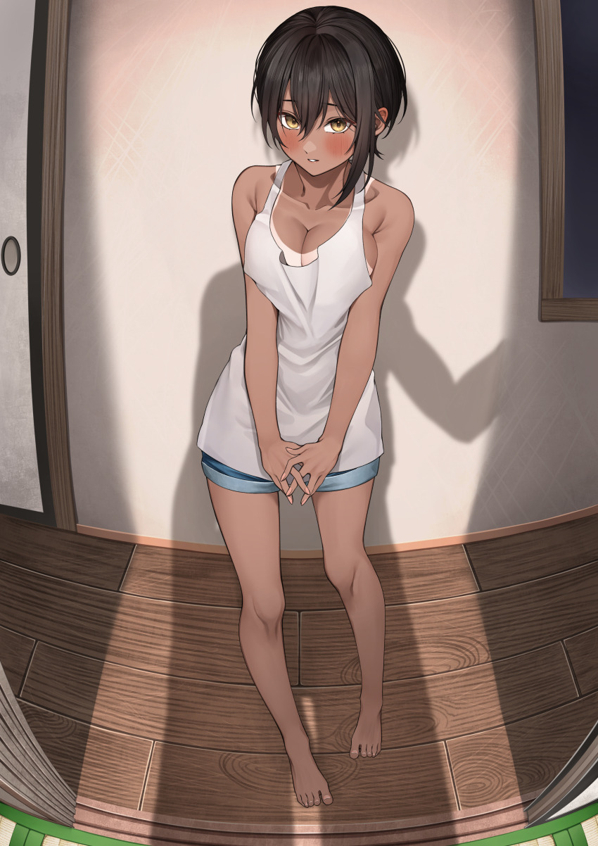 1boy, 1girl, absurdres, architecture, bare_arms, bare_legs, bare_shoulders, barefoot, blush, breasts, cleavage, collarbone, dark-skinned_female, dark_skin, denim, denim_shorts, doorway, east_asian_architecture, feet, fingernails, hair_between_eyes, highres, large_breasts, legs, looking_at_viewer, one-piece_tan, original, own_hands_together, parted_lips, pov, pov_doorway, pov_shadow, shadow, short_shorts, shorts, sliding_doors, standing, tan, tank_top, tanline, thighs, toenails, toes, white_tank_top, wooden_floor, yellow_eyes, yuya_(yuya_illust)