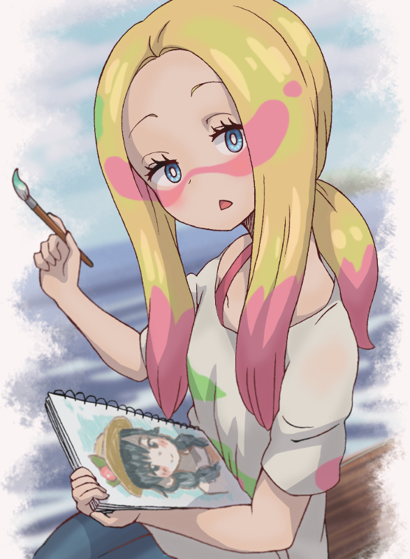 1girl, blonde_hair, blue_eyes, bra_strap, bright_pupils, collarbone, from_above, half-closed_eyes