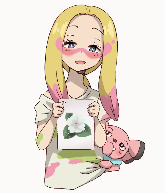 1girl, blonde_hair, blue_eyes, bright_pupils, collarbone, facing_viewer, flower, gen_2_pokemon