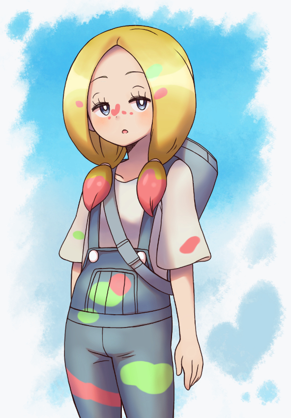 1girl, aged_down, backpack, bag, blonde_hair, blue_background, blue_bag, collarbone