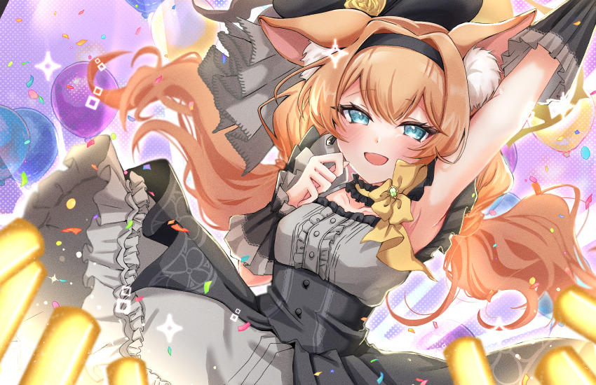 1girl, animal_ear_fluff, animal_ears, arm_up, armpits, black_dress, black_headband, blue_archive