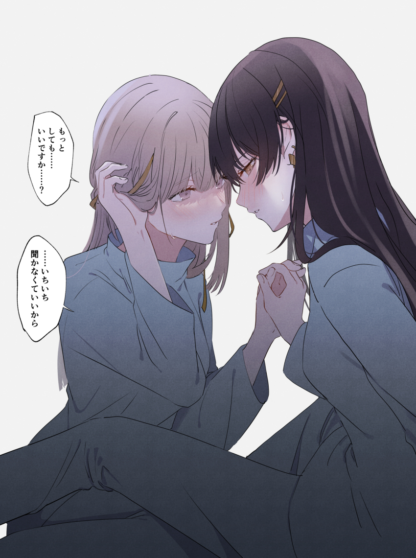 2girls, black_hair, blush, commentary_request, earrings, eye_contact, grey_eyes, grey_hair