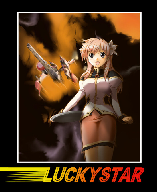 1girl, female_focus, firefox_(film), flower, galaxy_angel, hair_flower, hair_ornament, long_hair, looking_at_viewer, lucky_star_(galaxy_angel), milfeulle_sakuraba, open_mouth, parody, pencil_skirt, pink_hair, puffy_sleeves, skirt, skirt_set, smile, solo, spacecraft