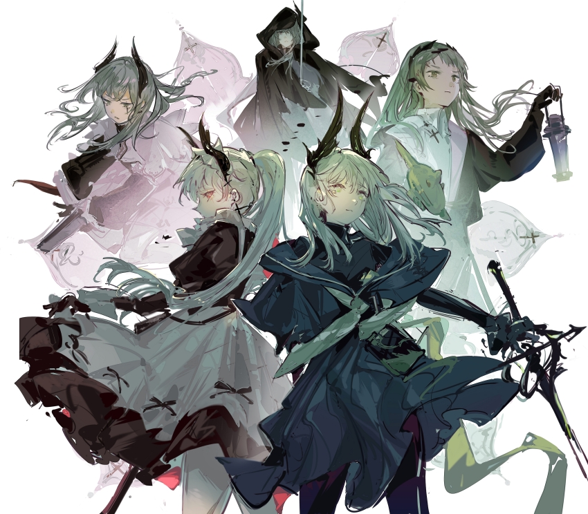 5girls, absurdres, apron, arknights, black_cloak, black_dress, black_gloves, black_jacket