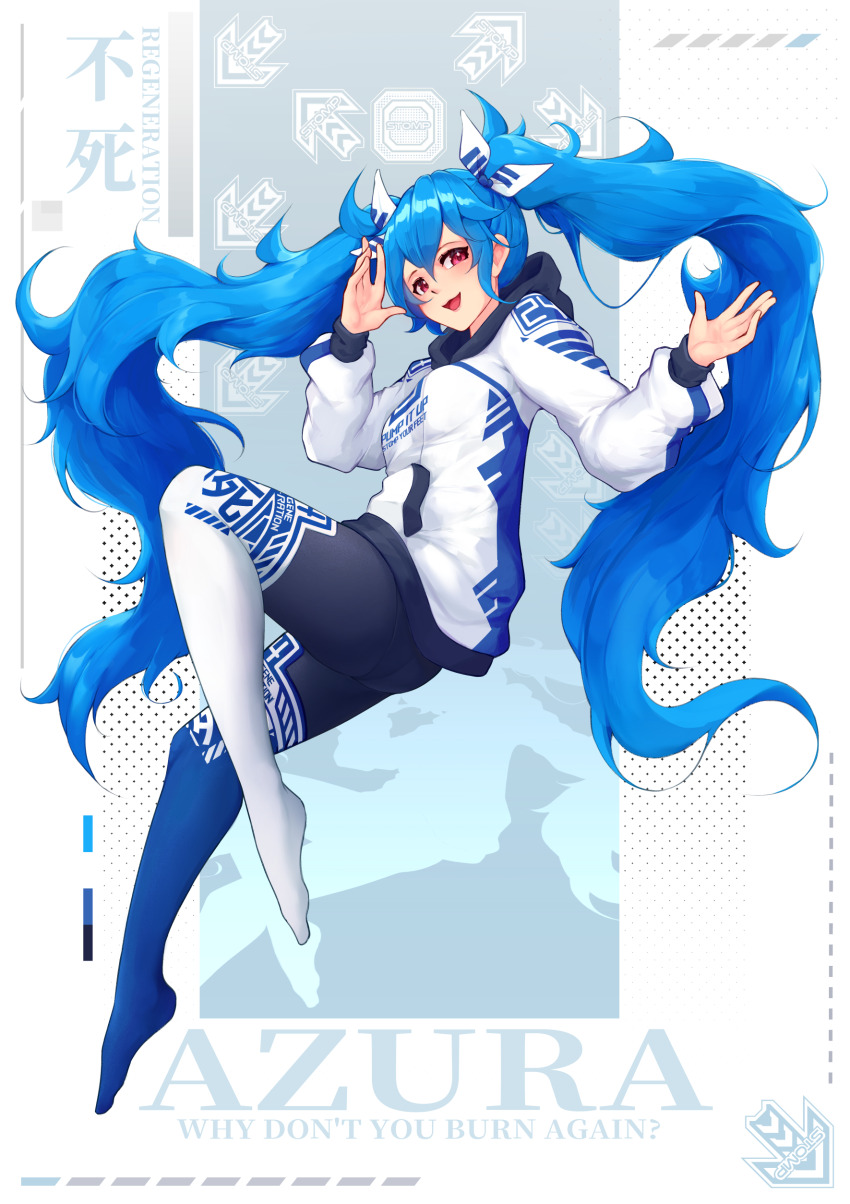 1girl, absurdres, arrow_(symbol), black_pantyhose, blue_hair, blue_pantyhose, blush, bow