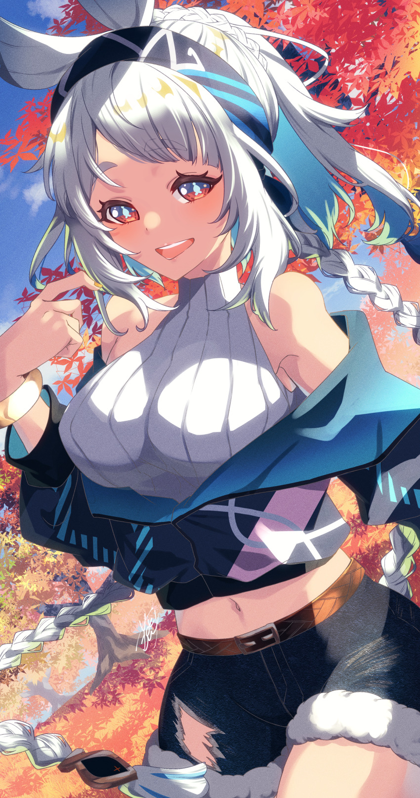 1girl, absurdres, alternate_costume, aqua_headband, autumn_leaves, blue_hair, blue_hairband, blue_sky