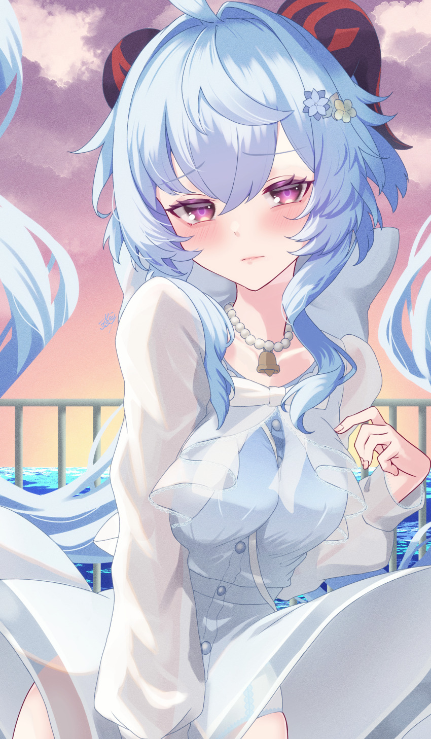 1girl, :|, absurdres, alternate_costume, bell, blue_hair, breasts, closed_mouth