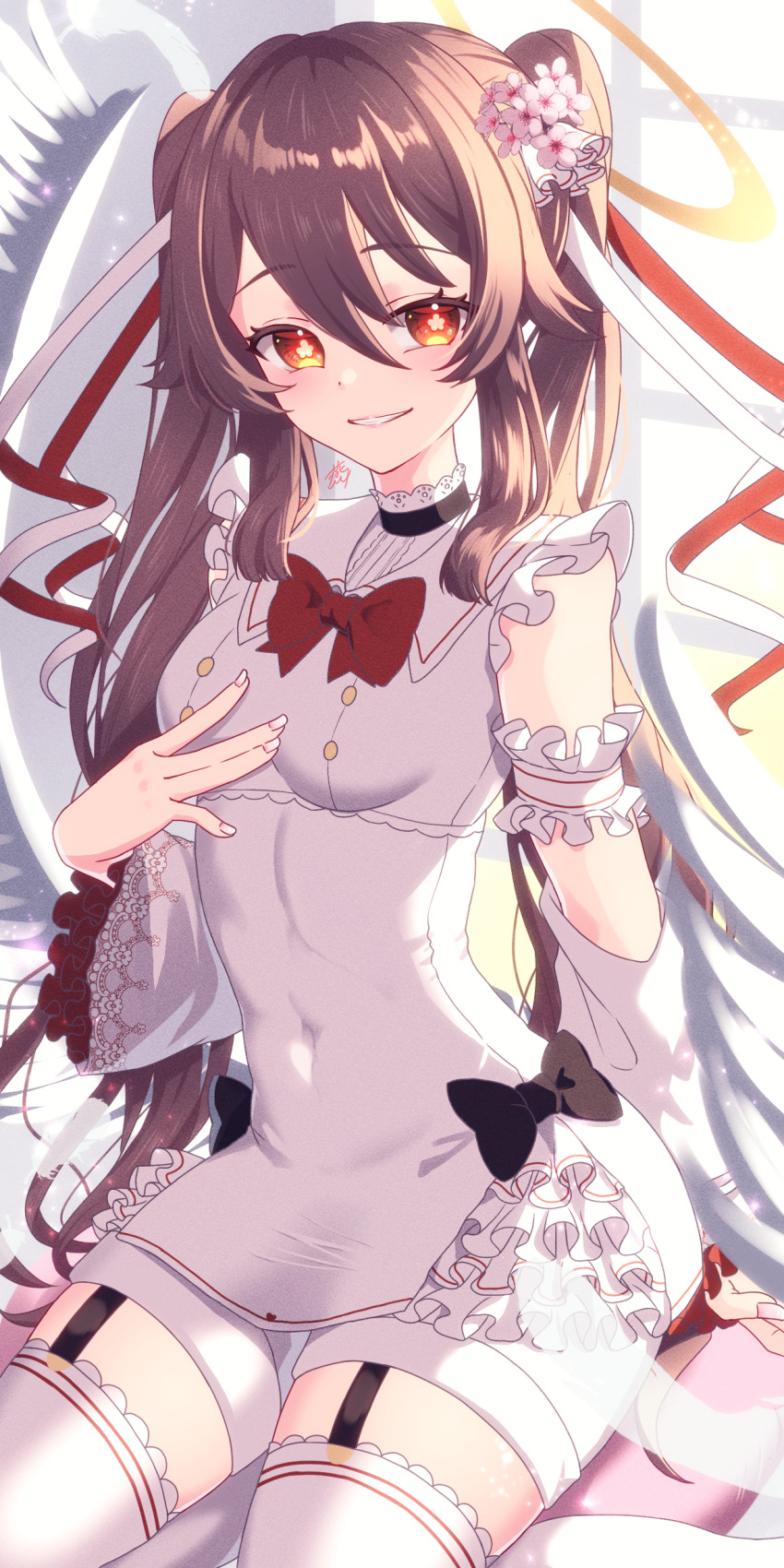 1girl, absurdres, alternate_costume, angel_wings, black_bow, bow, bowtie, breasts