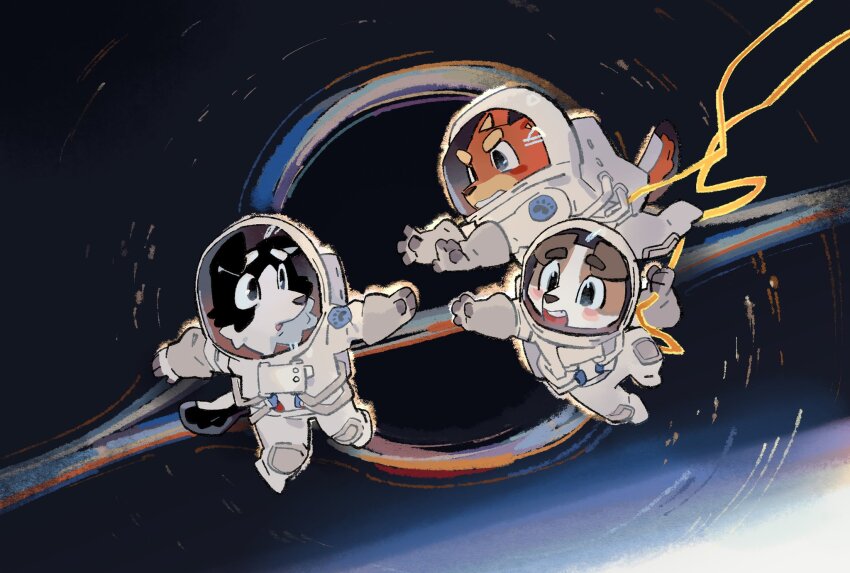 3boys, allhailjotman, black_hole, bluey, falling, furry, furry_male, furry_with_furry, helmet, highres, interstellar_(movie), jack_russell, looking_at_another, mackenzie_border_collie, multiple_boys, open_mouth, reaching, reaching_towards_another, rusty_kelpie, space, spacesuit