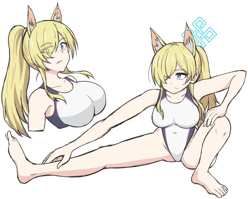 1girl, blue_archive, competition_swimsuit, highleg, kanna_(blue_archive), kanna_(swimsuit)_(blue_archive), one-piece_swimsuit, split