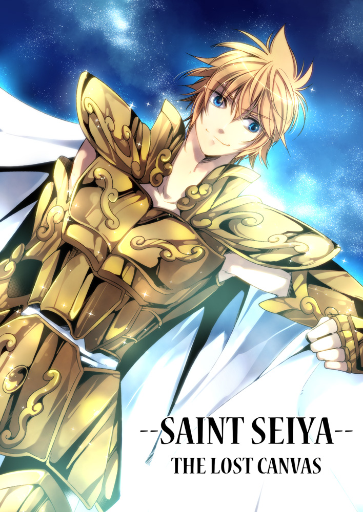 1boy, armor, blue_eyes, cape, copyright_name, dutch_angle, fujiwara_rika, gold_armor, gradient_background, hanei, leo_regulus, male_focus, saint_seiya, saint_seiya:_the_lost_canvas, short_hair, sky, solo, star_(sky), starry_sky