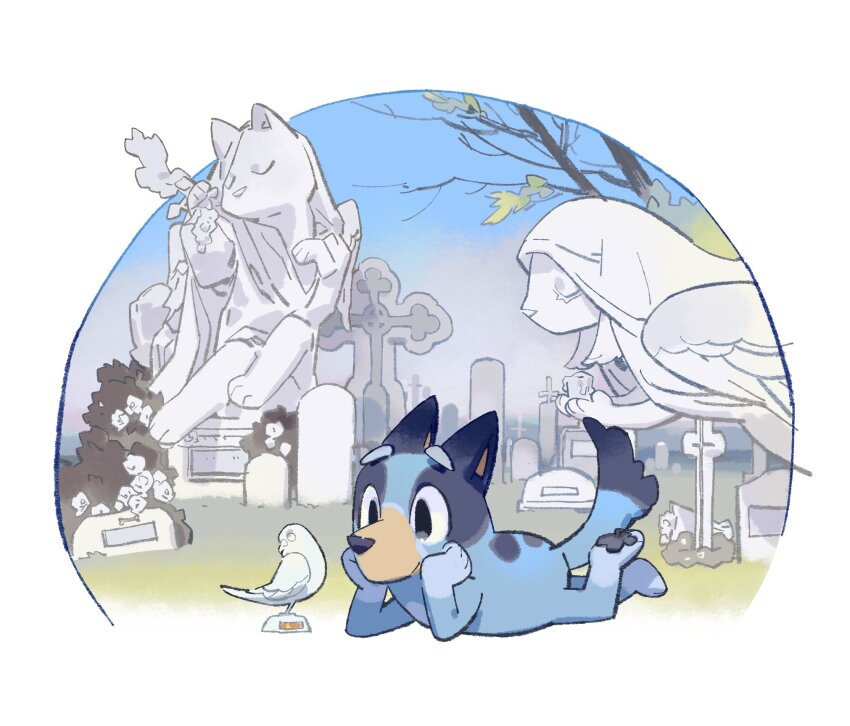 1girl, allhailjotman, bird, blue_sky, bluey, bluey_heeler, flower, furry