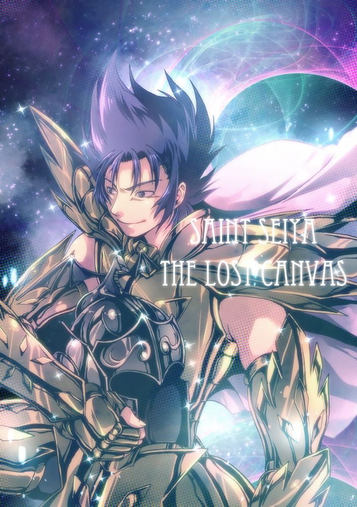 1boy, armor, black_hair, cancer_manigoldo, copyright_name, fujiwara_rika, gold_armor, hanei