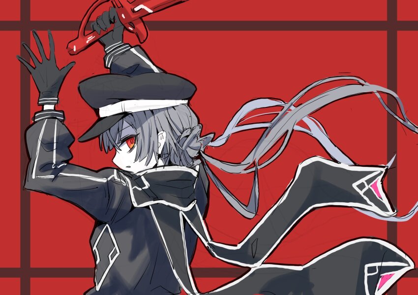 1girl, arms_up, black_scarf, duel_monster, gloves, grey_hair, hat, highres