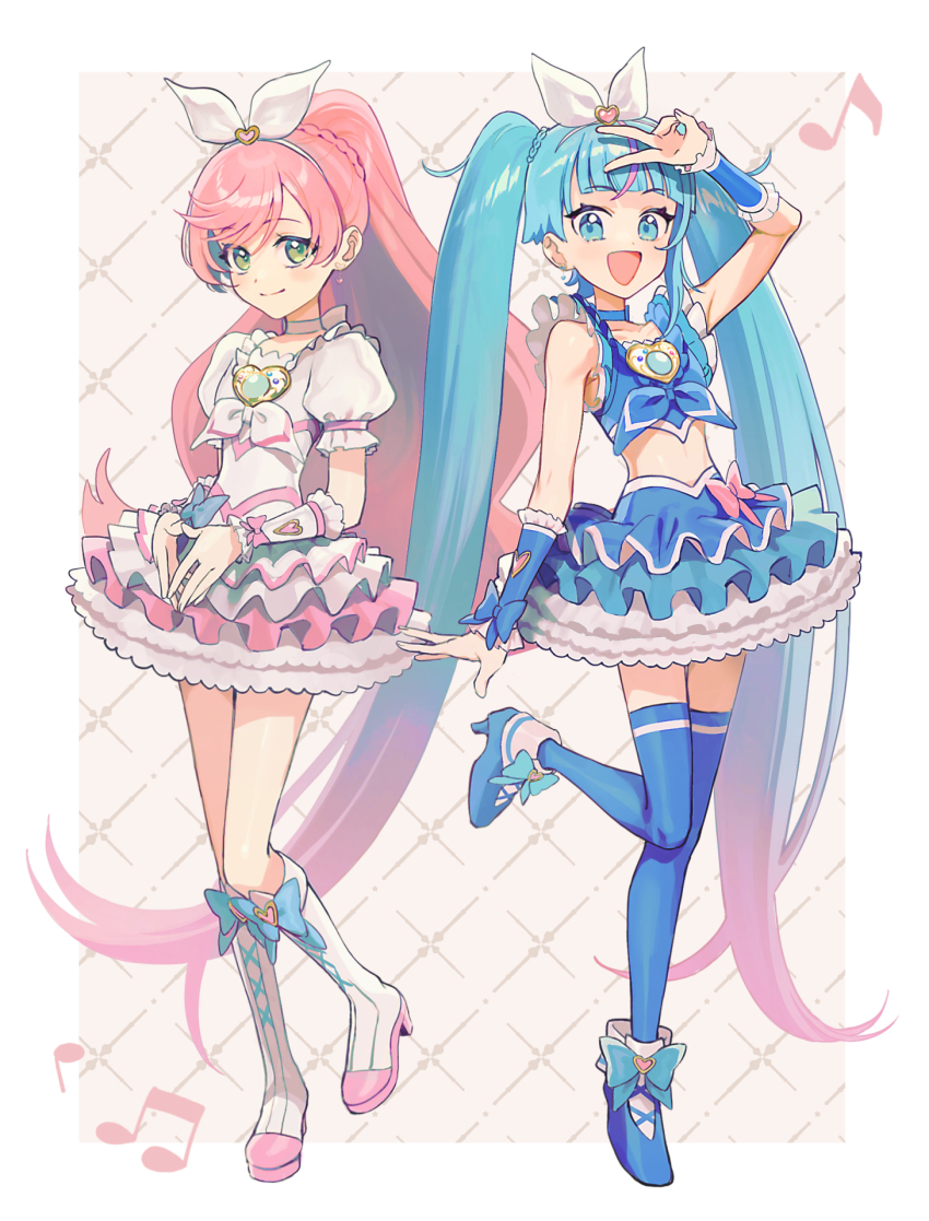 2girls, :d, alternate_color, blue_eyes, blue_hair, blue_thighhighs, blue_wrist_cuffs, boots