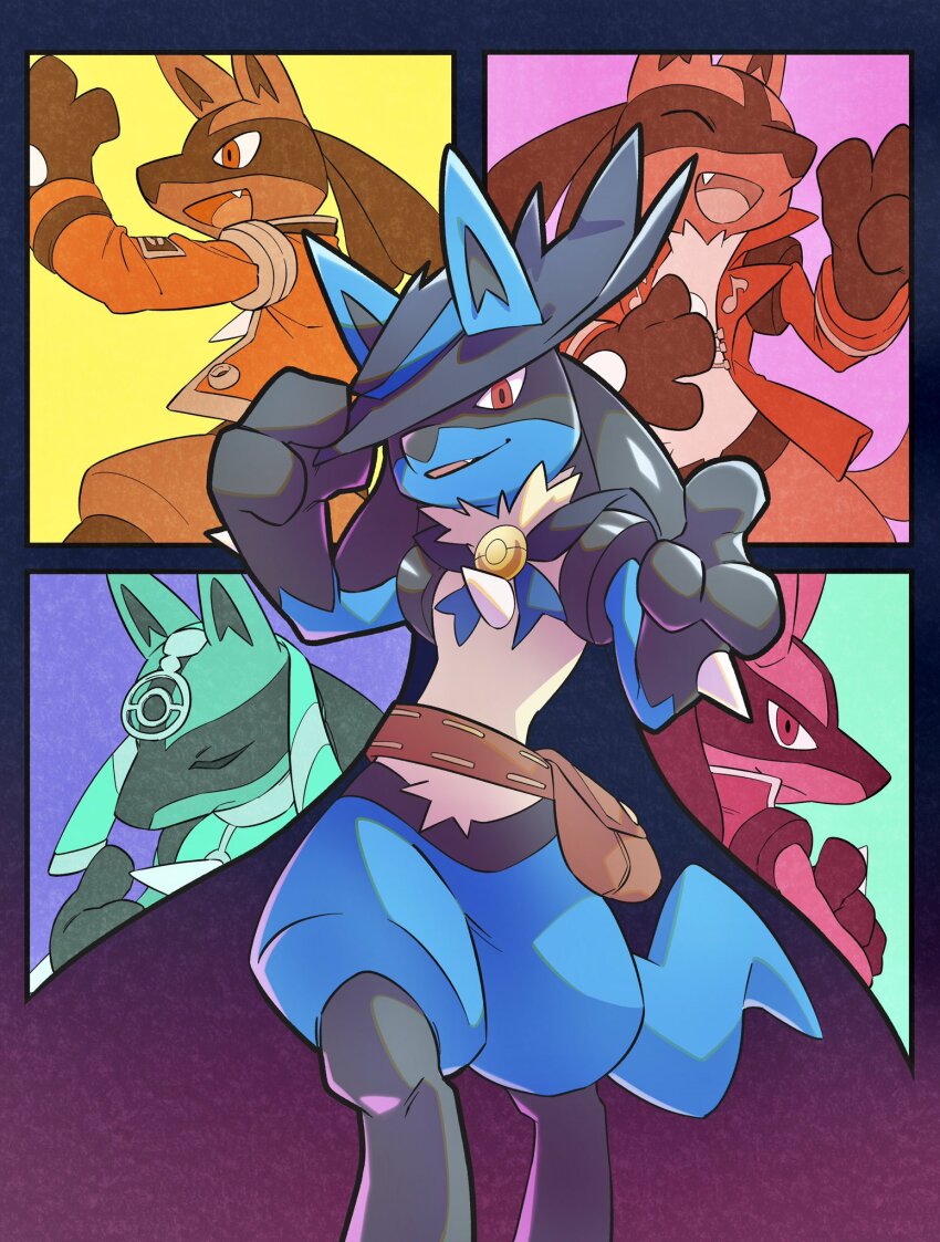 :d, clothed_pokemon, gen_4_pokemon, grin, hat, hat_over_one_eye, highres, looking_at_viewer, lucario, lucario_(concert), lucario_(costume_party), lucario_(martial_arts), lucario_(ruins), lucario_(space), midriff, nintendo, open_mouth, outside_border, pkpokopoko3, pokemon, pokemon_(creature), pokemon_unite, sharp_teeth, smile, solo, teeth