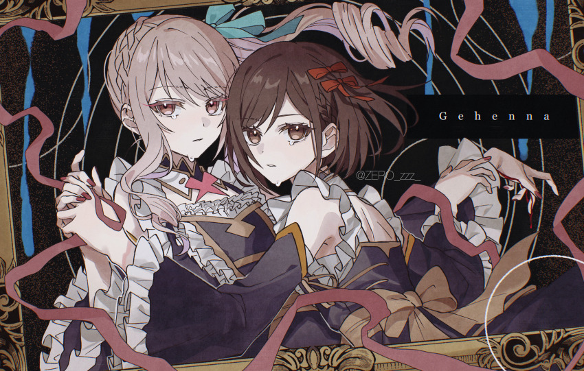 1girl, 1other, akiyama_mizuki, bob_cut, bow, braid, brown_bow, brown_eyes