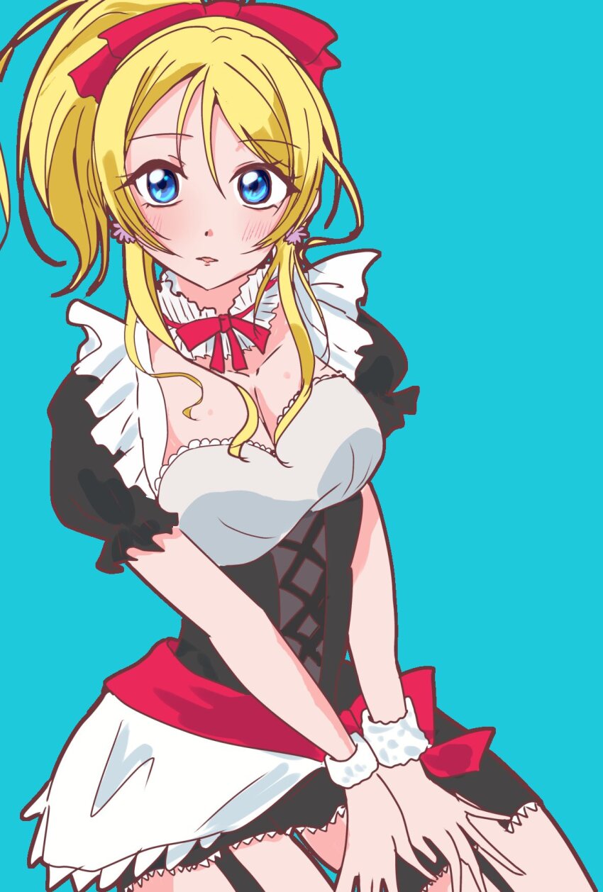 1girl, ayase_eli, black_dress, blonde_hair, blue_background, blue_eyes, blush, breasts, cleavage, commentary_request, cowboy_shot, dress, earrings, flower_earrings, hair_ribbon, high_ponytail, highres, jewelry, large_breasts, long_hair, love_live!, love_live!_school_idol_project, maid, mogyutto_"love"_de_sekkin_chuu!, official_alternate_costume, parted_lips, ponytail, puffy_short_sleeves, puffy_sleeves, red_ribbon, ribbon, rindaypdx, short_dress, short_sleeves, sidelocks, simple_background, solo