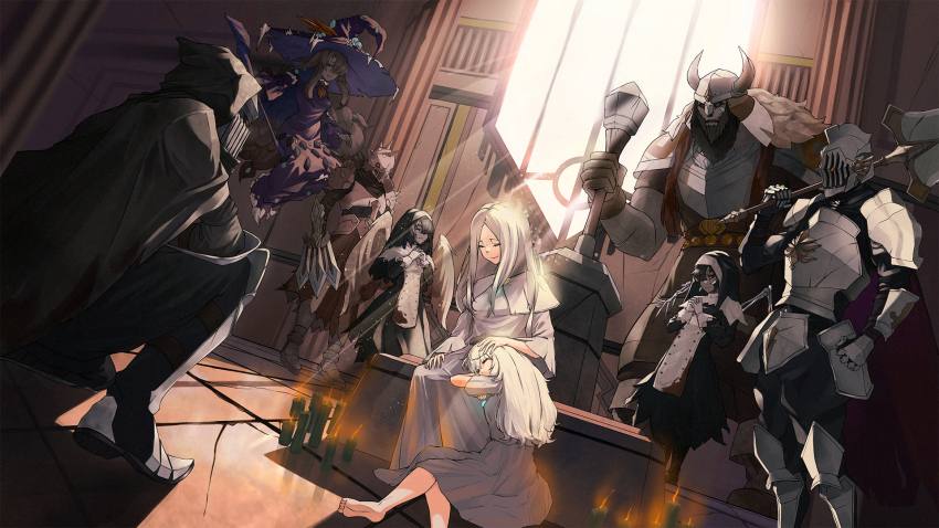 4boys, 5girls, armor, brown_hair, closed_eyes, dark_witch_eleine, dress, ender_lilies_quietus_of_the_knights, fake_horns, feathered_wings, fretia_(ender_lilies), full_armor, gerrod_the_elder_warrior, guardian_siegrid, guardian_silva, hat, helm, helmet, highres, holding, holding_weapon, horned_helmet, horns, kneeling, knight_captain_julius, light_rays, lily_(ender_lilies), long_hair, multiple_boys, multiple_girls, nen_10, nun, purple_robe, red_eyes, robe, shoulder_armor, skeletal_wings, ulv_the_mad_knight, umbral_knight_(ender_lilies), weapon, white_dress, white_hair, white_robe, wings, witch, witch_hat