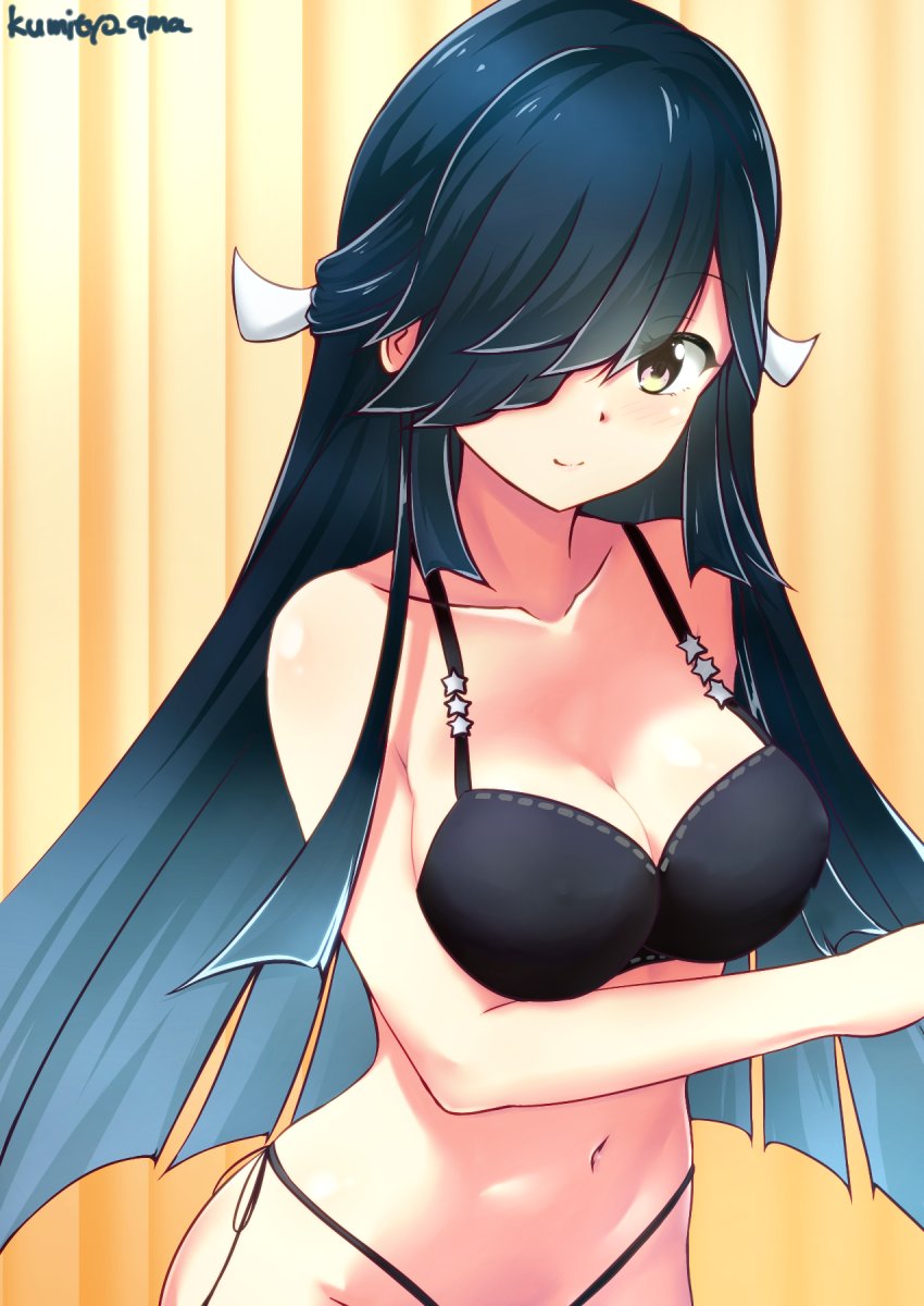 1girl, black_bra, black_hair, black_panties, bra, breasts, brown_eyes, cleavage, cowboy_shot, gradient_hair, hair_over_one_eye, hair_ribbon, hayashimo_(kancolle), hayashimo_kai_ni_(kancolle), highres, kantai_collection, kumichou_(nakasato-gumi), long_hair, looking_at_viewer, medium_breasts, multicolored_hair, navel, one-hour_drawing_challenge, panties, ribbon, side-tie_panties, solo, striped_background, underwear, underwear_only, yellow_background