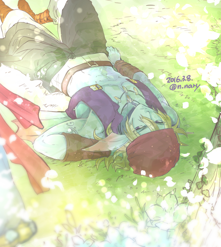 1boy, 1other, 2016, arm_behind_head, arm_tattoo, arm_wrap, back_fin, bandana