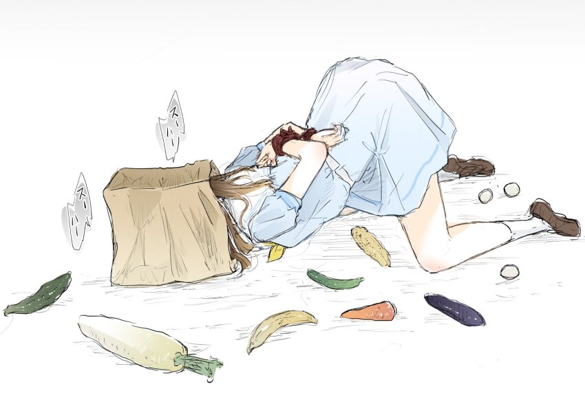 1girl, arms_behind_back, ast, bag, bag_on_head, banana, bdsm, blue_dress