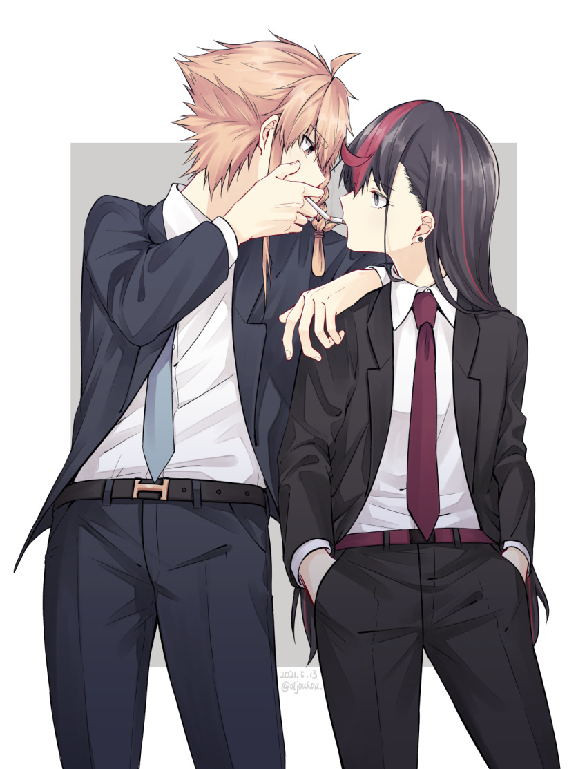 2girls, arm_on_another's_shoulder, black_hair, black_jacket, black_pants, blue_jacket, blue_necktie, blue_pants