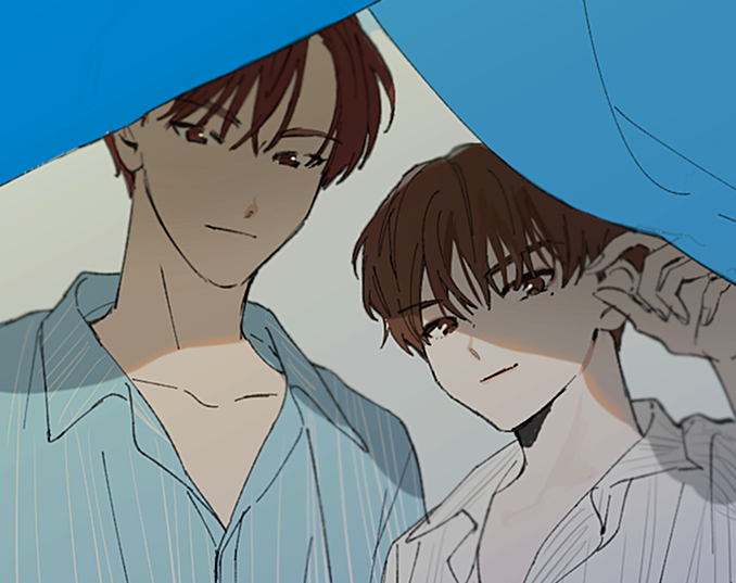 2boys, blue_pajamas, blunt_bangs, brown_hair, close-up, closed_mouth, collared_pajamas, curtains