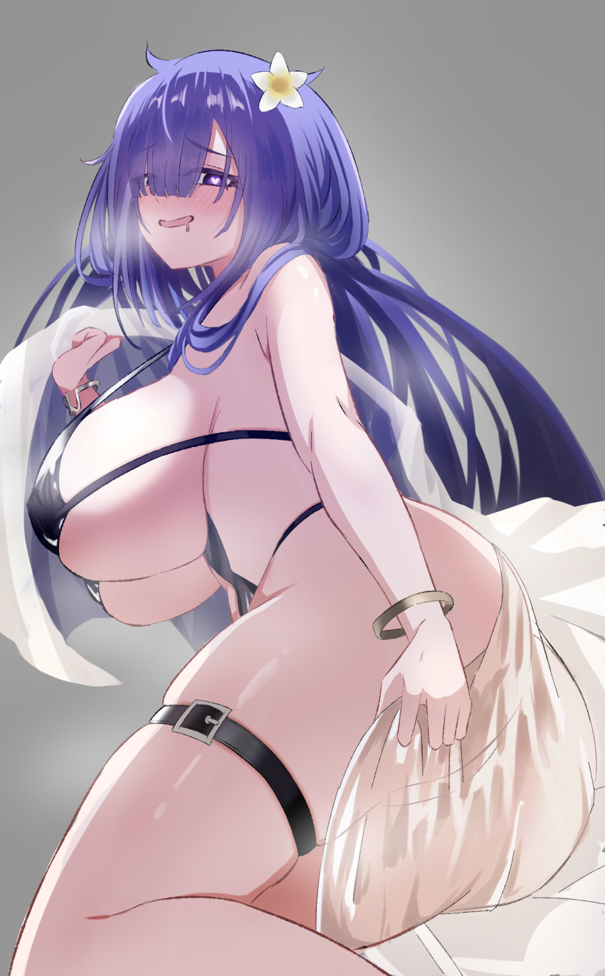 1girl, azur_lane, belt, black_one-piece_swimsuit, blanket, breasts, flower, hair_flower