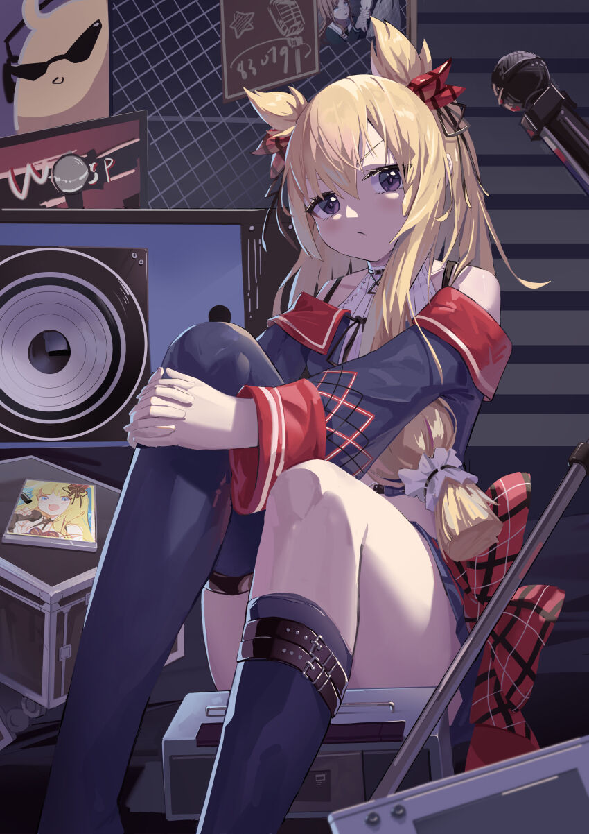 1girl, absurdres, asymmetrical_legwear, azur_lane, bare_shoulders, blonde_hair, blue_jacket, blue_skirt