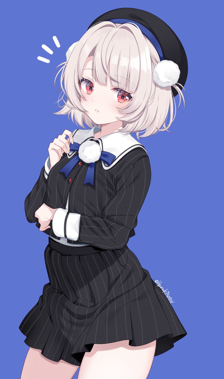 1girl, absurdres, arm_under_breasts, beret, black_jacket, black_shoes, black_skirt, blue_background