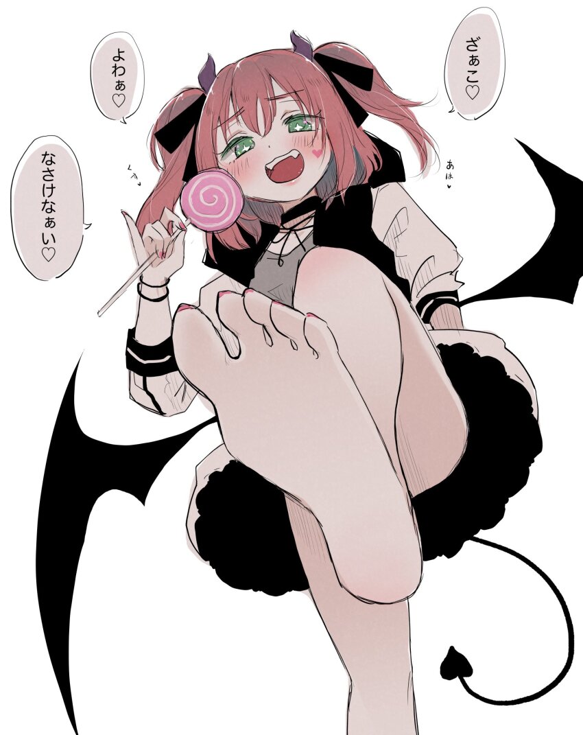 1girl, :d, ast, black_shirt, blush, commentary_request, demon_girl, demon_tail, fangs, feet, foot_focus, foot_out_of_frame, green_eyes, heart, highres, jacket, kurosawa_ruby, love_live!, love_live!_sunshine!!, medium_hair, open_clothes, open_jacket, open_mouth, pov_stomped, puffy_short_sleeves, puffy_sleeves, red_hair, shirt, short-sleeved_jacket, short_sleeves, simple_background, smile, soles, solo, speech_bubble, spoken_heart, standing, standing_on_one_leg, tail, teeth, two_side_up, upper_teeth_only, white_background, white_jacket