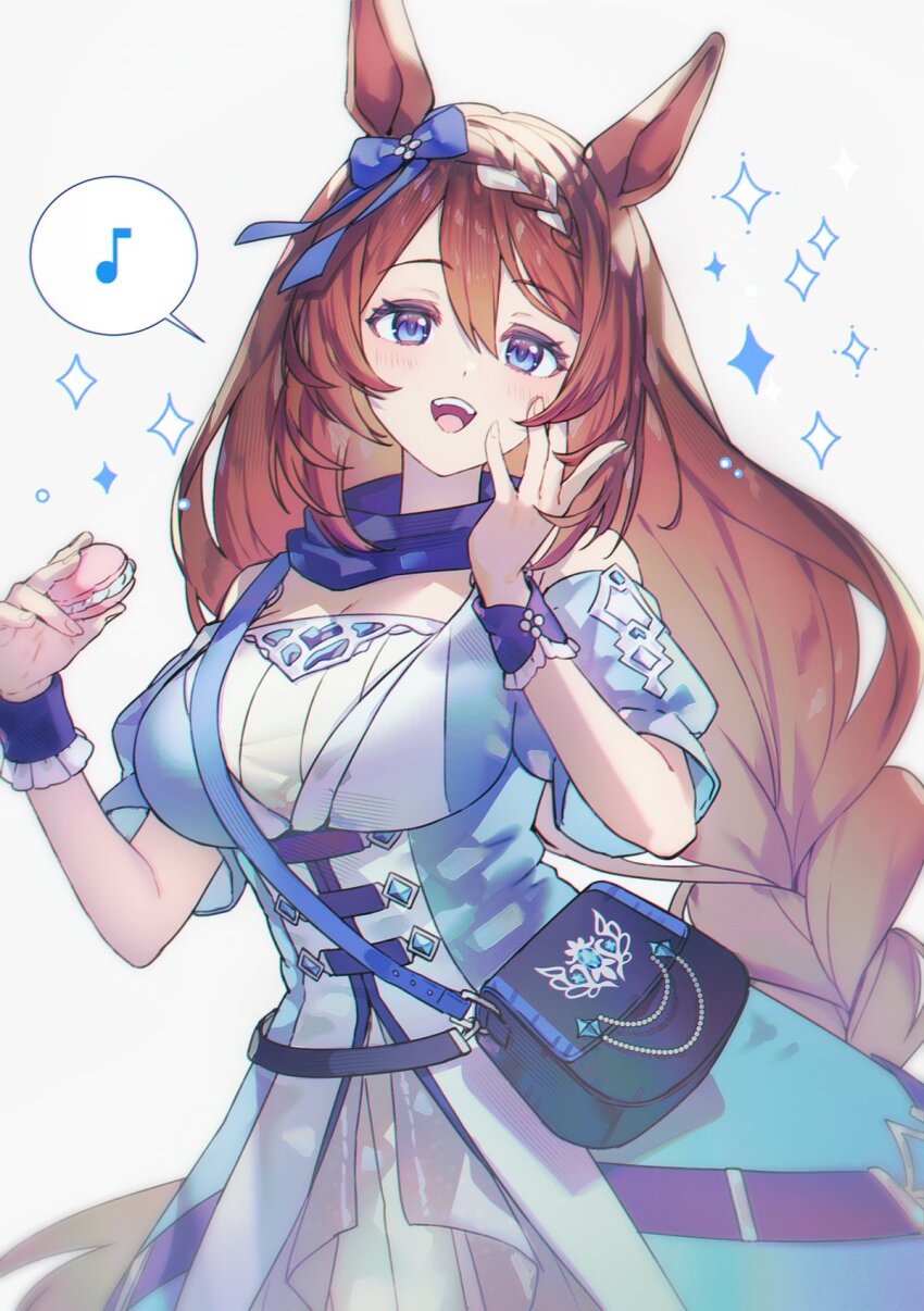 1girl, :d, animal_ears, bag, bare_shoulders, blue_dress, blue_eyes, blue_scarf