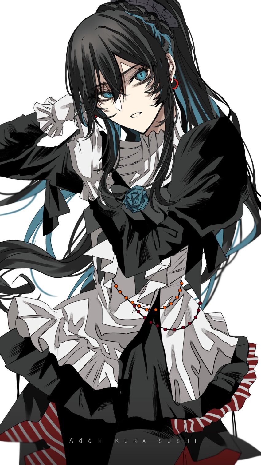 1girl, ado_(utaite), black_bow, black_bowtie, black_dress, black_hair, blue_eyes, blue_hair