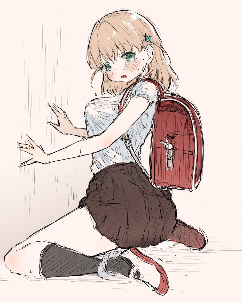 1girl, alternate_costume, ankle_scrunchie, aqua_eyes, ast, backpack, bag, black_socks
