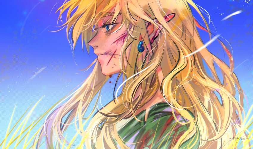 1boy, blood, blood_drip, blood_on_face, blue_eyes, blue_sky, commentary, english_commentary