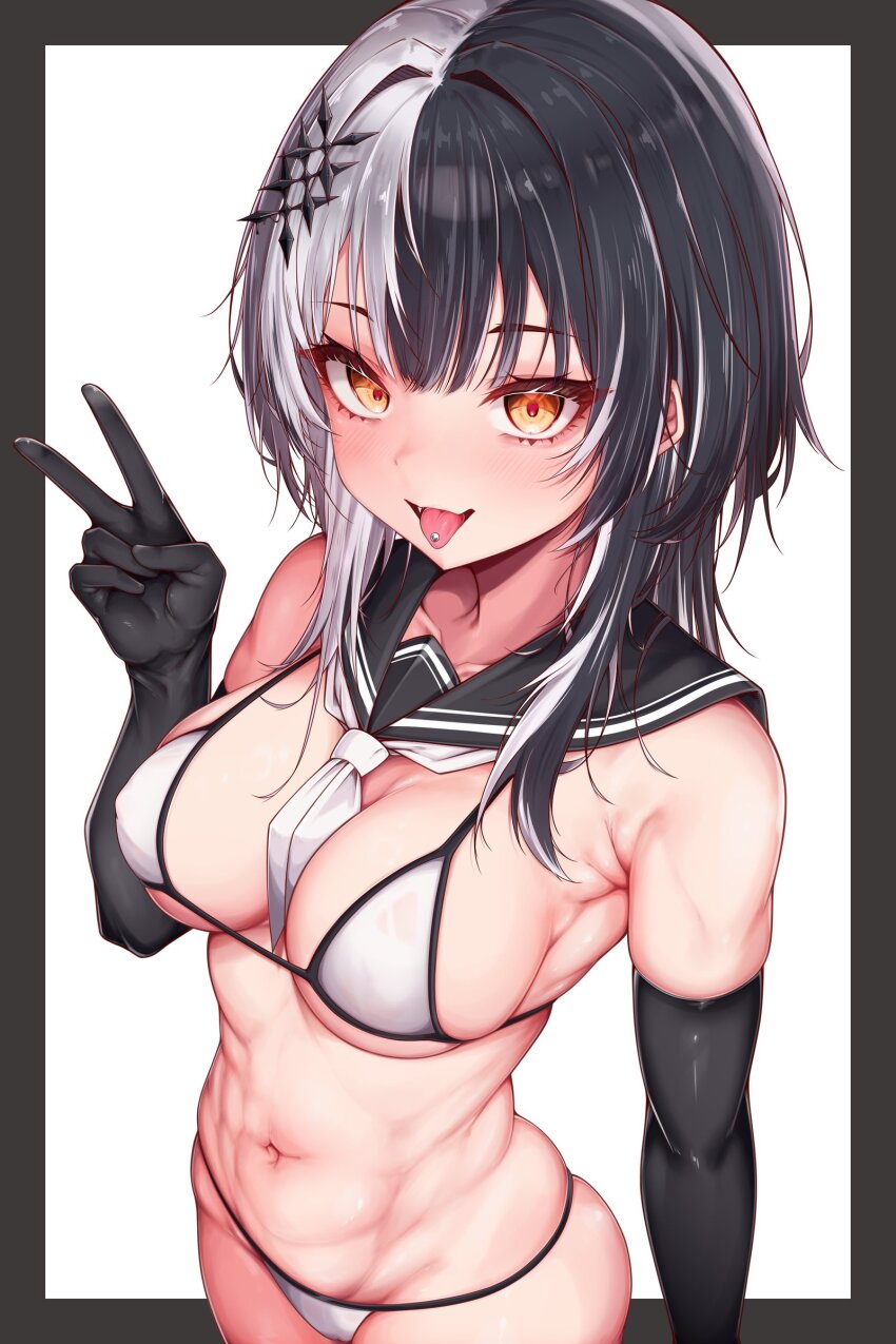 1girl, :p, absurdres, amaki_daisuke, armpit_crease, bare_shoulders, between_breasts, bikini