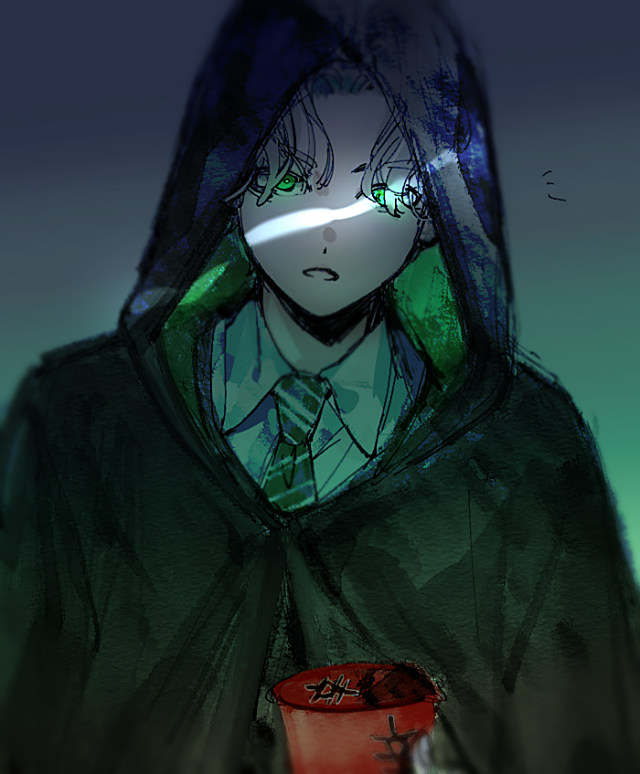 1boy, blonde_hair, cloak, collared_shirt, dark, gradient_background, green_eyes, harry_potter_(series)