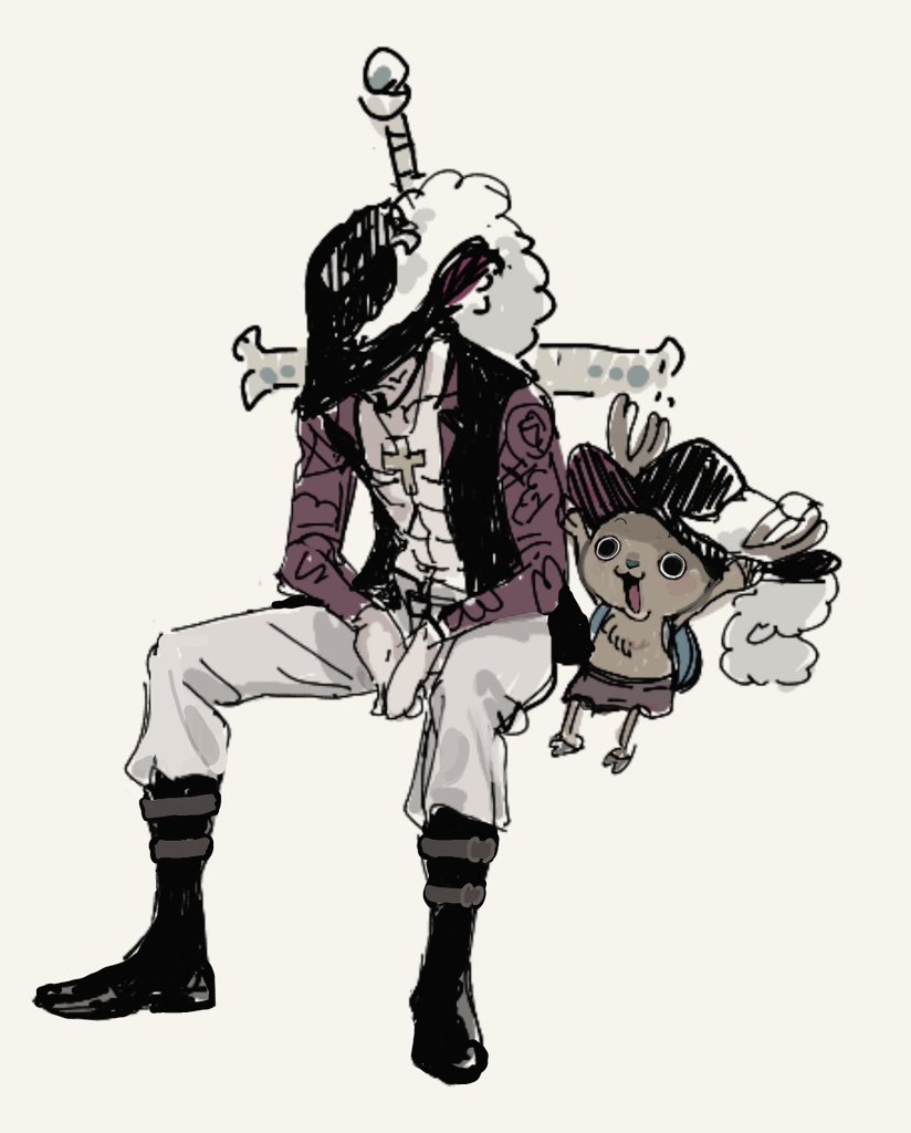 2boys, abs, antlers, arms_up, beard, boots, coat, cross_pendant, dracule_mihawk, facial_hair, full_body, hat_feather, horns, invisible_chair, juugagon, male_focus, multiple_boys, mustache, one_piece, open_clothes, open_coat, reindeer_antlers, sitting, smile, sword, sword_on_back, tony_tony_chopper, weapon, weapon_on_back