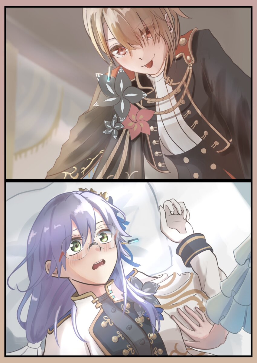 2girls, ;p, aoi11_luyu, blonde_hair, glasses, green_eyes, grey_hair, hair_ornament