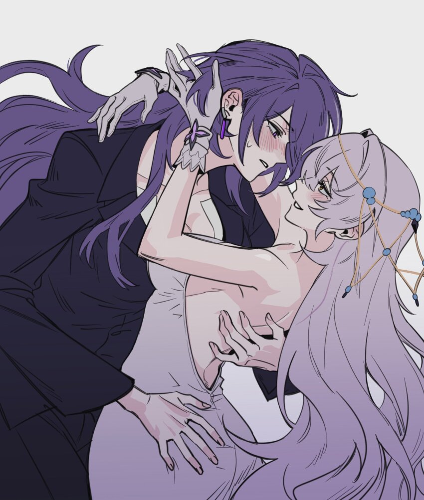 2girls, acheron_(boundless_choreo)_(honkai:_star_rail), acheron_(honkai:_star_rail), backgun, backless_dress, backless_outfit, bare_shoulders, black_jacket