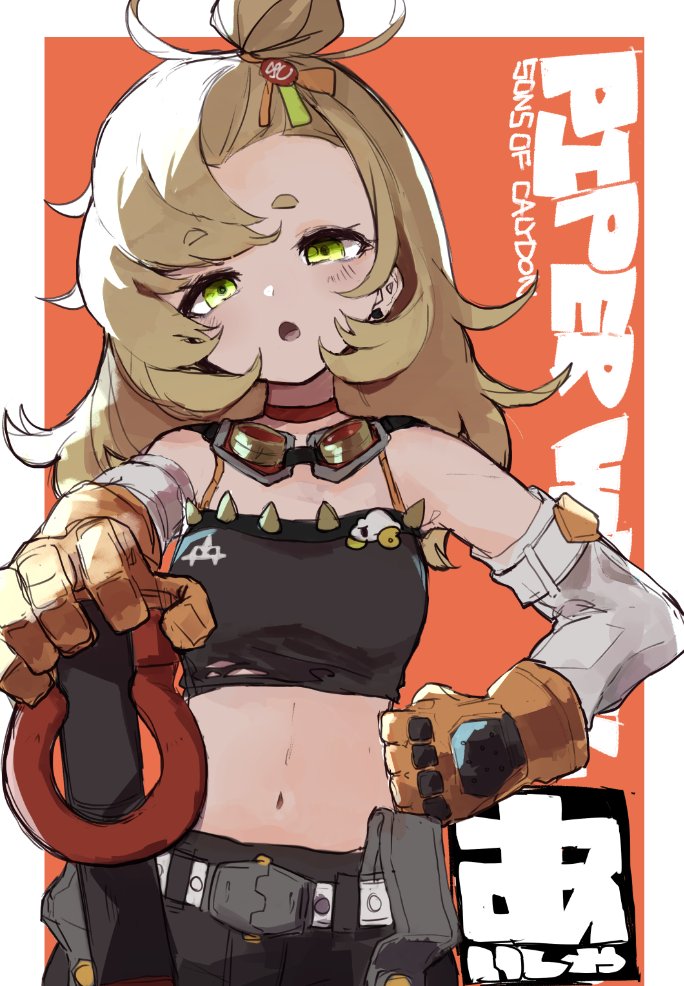 1girl, bare_shoulders, belt, black_tube_top, blonde_hair, commentary, detached_sleeves, english_text