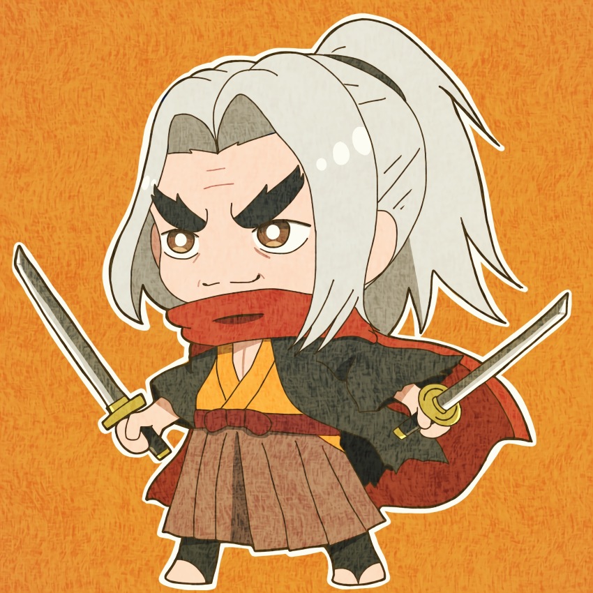 1boy, absurdres, black_haori, black_leggings, bow, brown_eyes, brown_hakama, cape