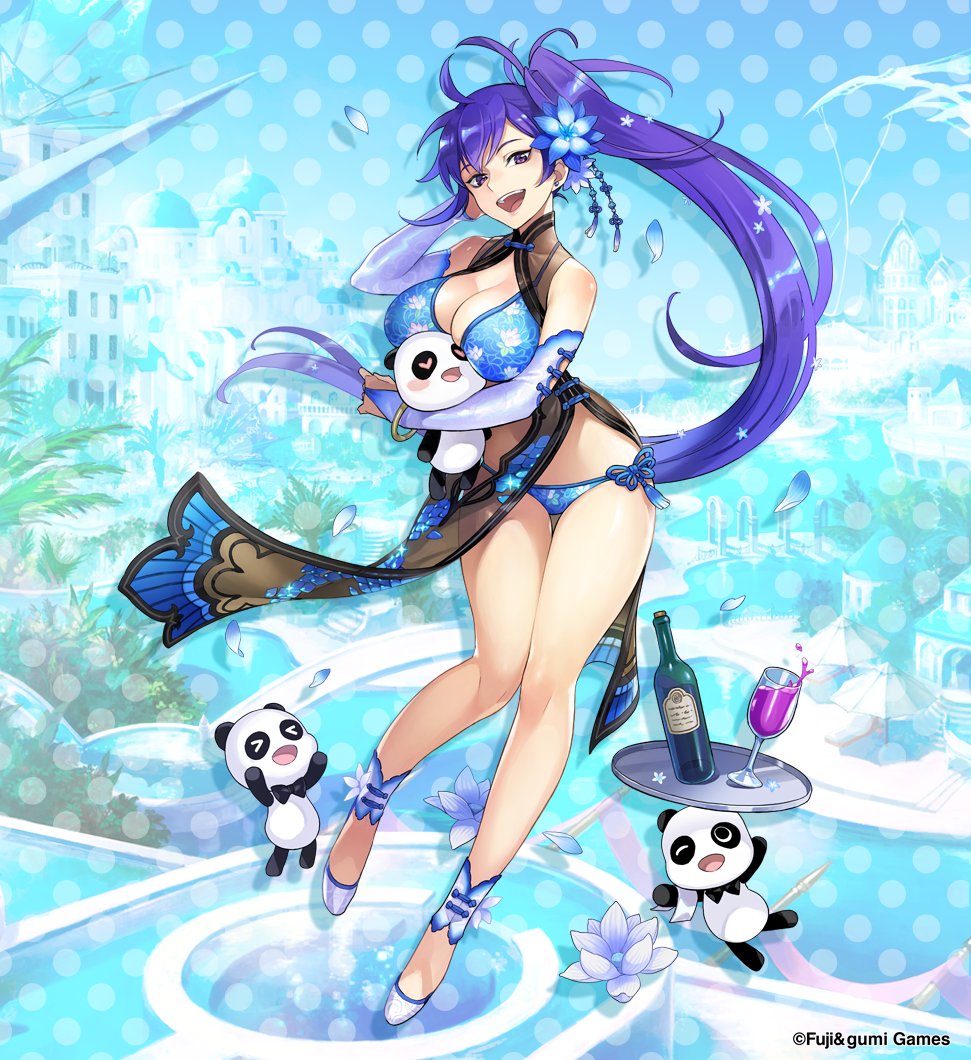 1girl, bikini, blue_bikini, blue_flower, bottle, breasts, commentary_request, company_name