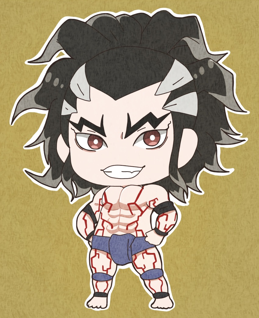 1boy, abs, absurdres, ankleband, arm_tattoo, armband, barefoot, black_armband, black_hair, blue_fundoshi, brown_eyes, chest_tattoo, chibi, chibi_only, derutta, fangs, fundoshi, grey_hair, hands_on_own_hips, highres, japanese_clothes, looking_at_viewer, male_focus, multicolored_hair, muscular, muscular_male, outline, pectorals, ponytail, raiden_tameemon_(shuumatsu_no_valkyrie), shirtless_male, short_hair, shuumatsu_no_valkyrie, sideways_glance, smile, solo, standing, streaked_hair, sumo, tattoo, teeth, toned, toned_male, topknot, topless_female, two-tone_hair, white_outline, wristband, yellow_background