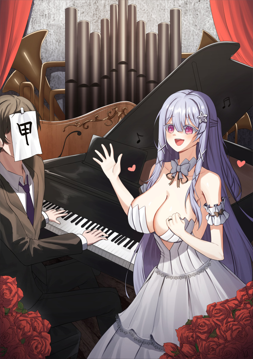 1boy, 1girl, :d, absurdres, administrator_(counter:side), backless_dress, backless_outfit, bare_shoulders