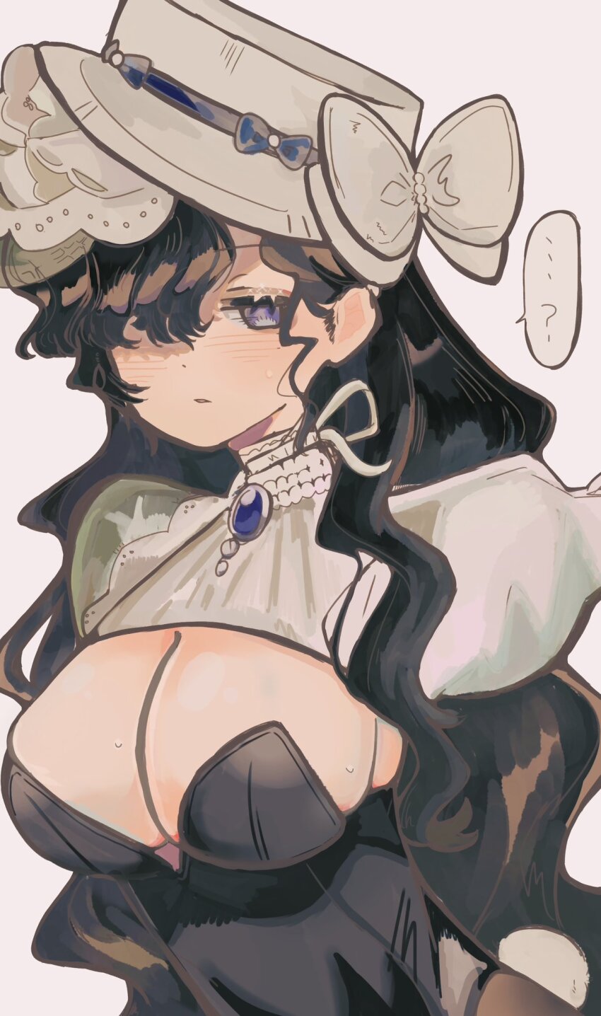 ..., 1girl, ?, black_hair, black_leotard, bow, breasts, brooch, cleavage, closed_mouth, hair_over_one_eye, hat, hat_bow, highres, isolde_(reverse:1999), jewelry, large_breasts, leotard, long_hair, looking_at_viewer, one_eye_covered, purple_eyes, reverse:1999, shrug_(clothing), sitamiyamiyako, solo, speech_bubble, spoken_ellipsis, spoken_question_mark, strapless, strapless_leotard, upper_body, veil, wavy_hair, white_background, white_bow, white_hat, white_shrug, white_veil