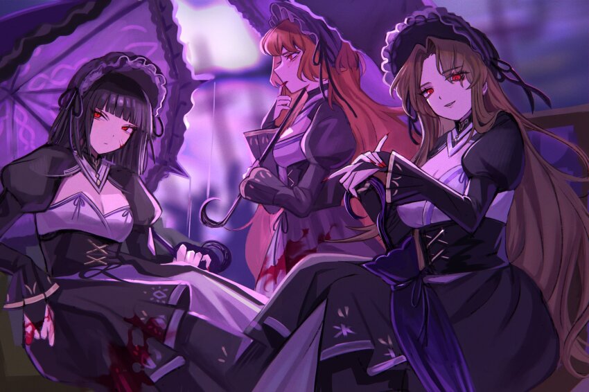3girls, black_corset, black_shrug, blood, blood_on_clothes, blood_on_hands, brown_hair, corset, cosplay, dress, dulcinea_(project_moon), dulcinea_(project_moon)_(cosplay), fingerless_gloves, frills, gloves, headdress, highres, ishmael_(project_moon), la_manchaland_(identity)_(project_moon), limbus_company, long_hair, multiple_girls, na-gyou_(nunumaru), orange_hair, project_moon, purple_dress, red_eyes, rodion_(project_moon), ryoshu_(project_moon), short_hair, shrug_(clothing), umbrella