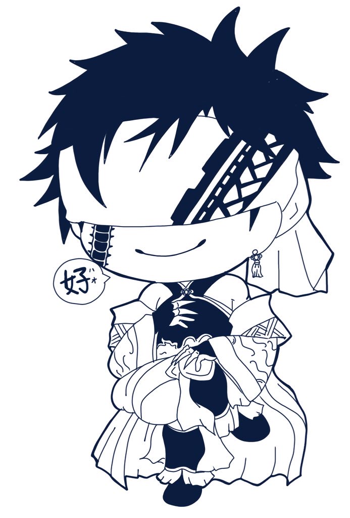 1boy, armor, bare_shoulders, blindfold, centipede_tattoo, cheek_tattoo, chinese_clothes, derutta