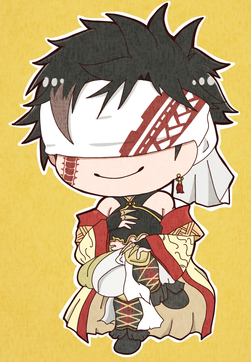 1boy, armor, bare_shoulders, black_footwear, black_hair, blindfold, centipede_tattoo, cheek_tattoo